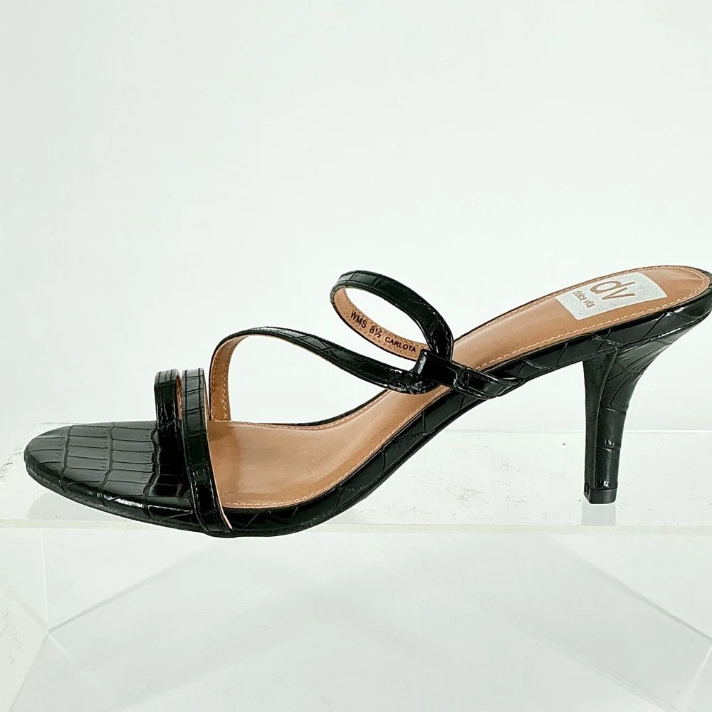 Dolce Vita Size 8.5 Black Croc‎ Print Strappy Stiletto Heels Toe NEW Carlota $79